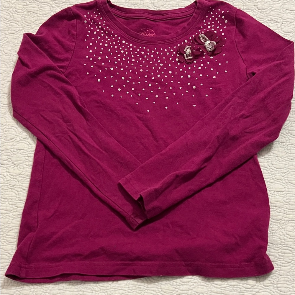 Faded Glory Magenta Long Sleeve Tee with Rhinestone  and flower Details
